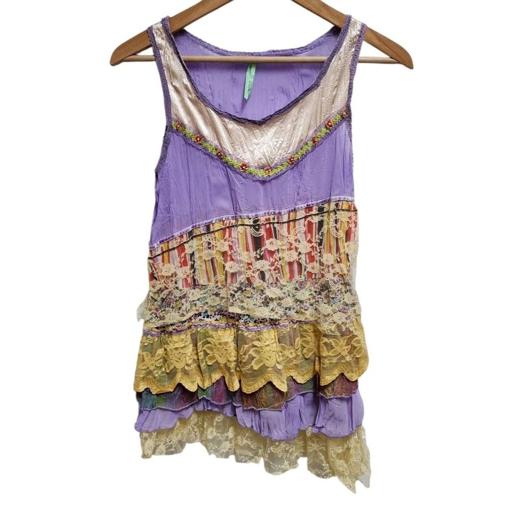 Celle Boho Floral Lace Mesh Sleeveless Purple Mixed Print Layered Top Women Sz M